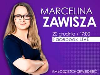 Image may contain: 1 person, eyeglasses, text that says 'MARCELINA ZAWISZA 20 grudnia / 17:00 Facebook LIVE #MŁODZIEŻCHCEWIEDZIEĆ'