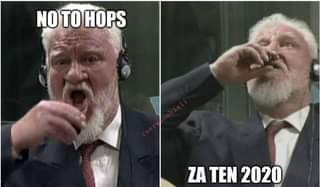 Image may contain: 1 person, meme, text that says 'NO TO HOPS ZA ZA TEN 2020'