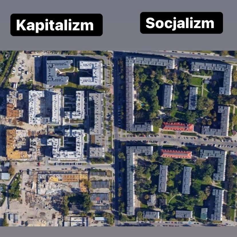 Dwa osiedla na warszawskim Grochowie. 
 Po lewej dzieło 3 RP neoliberalizmu i